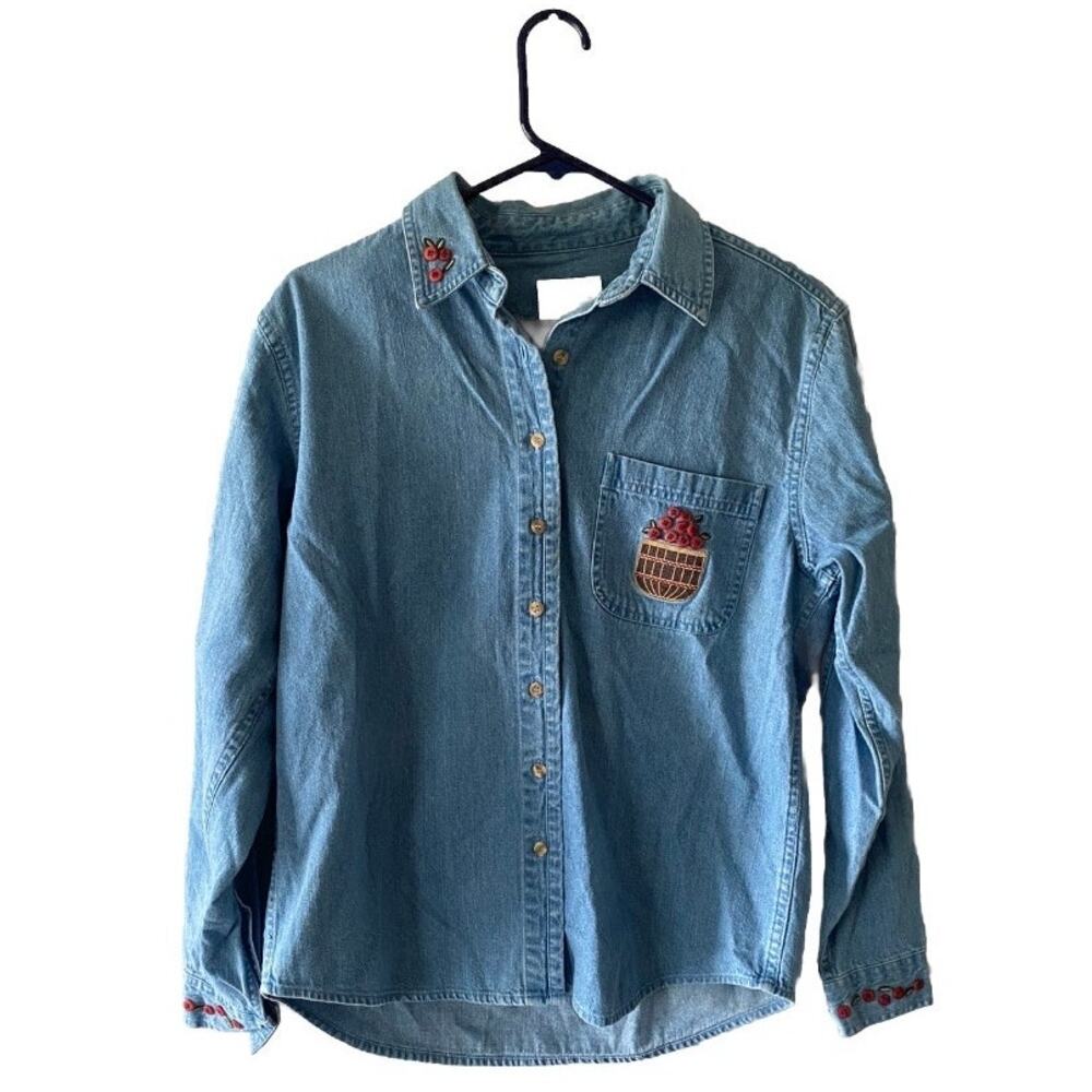 VTG Christopher & Banks Denim Button Down Embroidered Apples Basket Shirt Sz S
